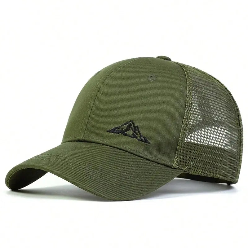 Casquette de Baseball Unisexe vert armée - motif montagne brodée - en filet noir - sport vitals