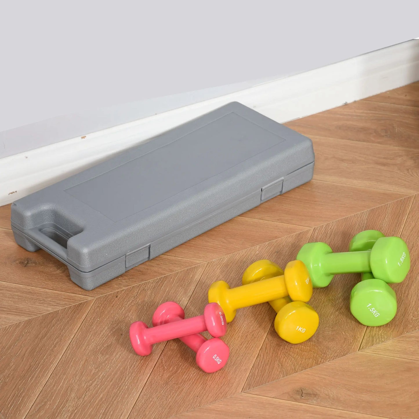 Lot de 6 haltères hexagonaux - boite grise et haltères - rose, jaune et vert - 0.5 kg-1 kg-1.5 kg