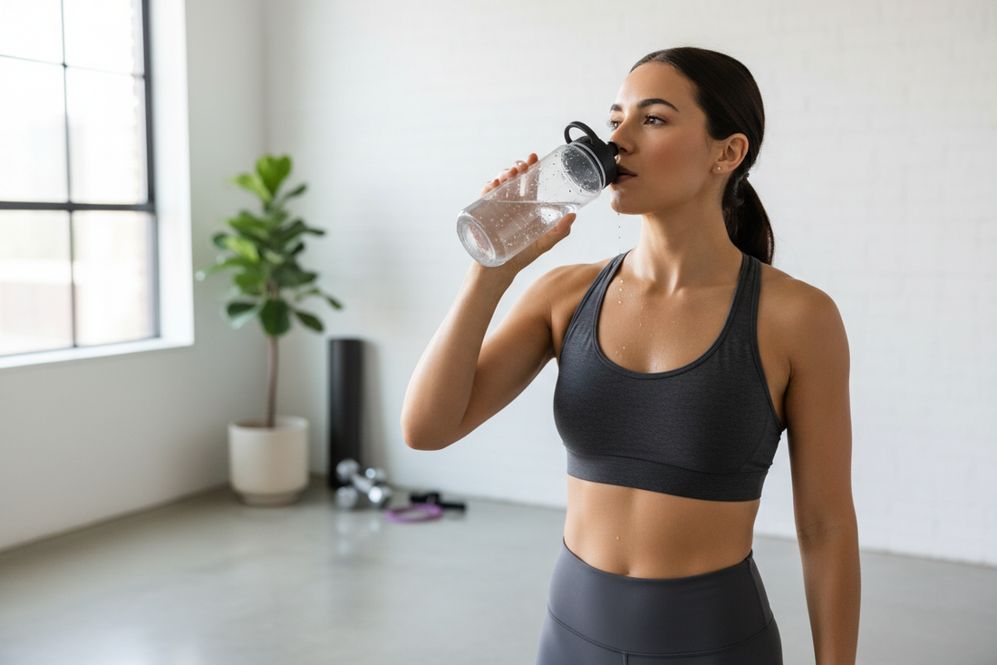 Personne qui boit de l'eau pendant un entraînement à domicile - Sport Vitals