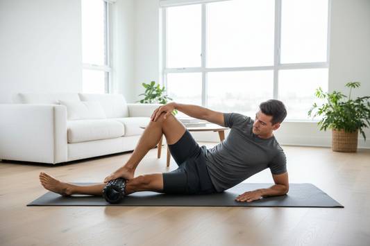 Personne utilisant un foam roller pour la récupération musculaire à domicile - Sport Vitals