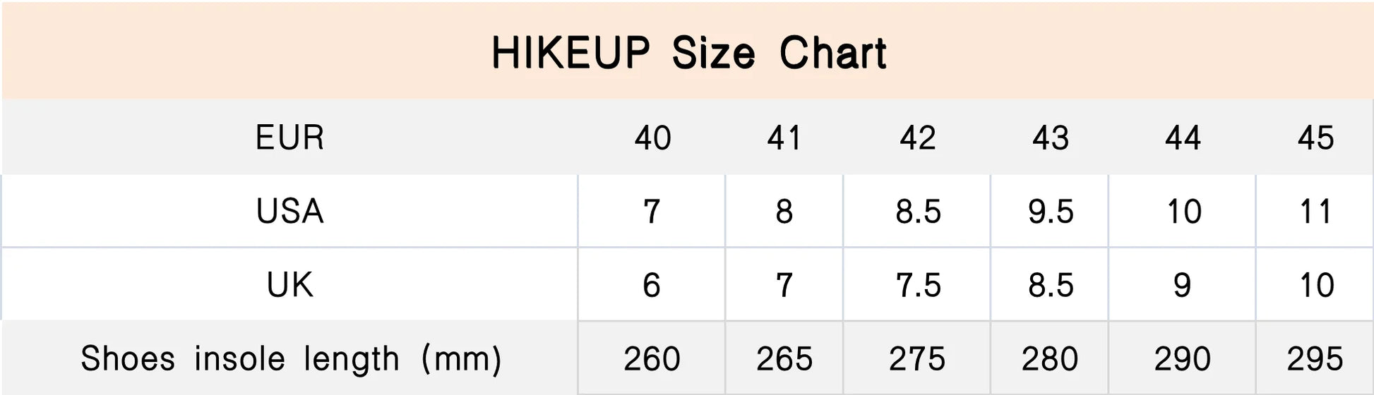 Chaussures de Randonnée -  dimension - chart
