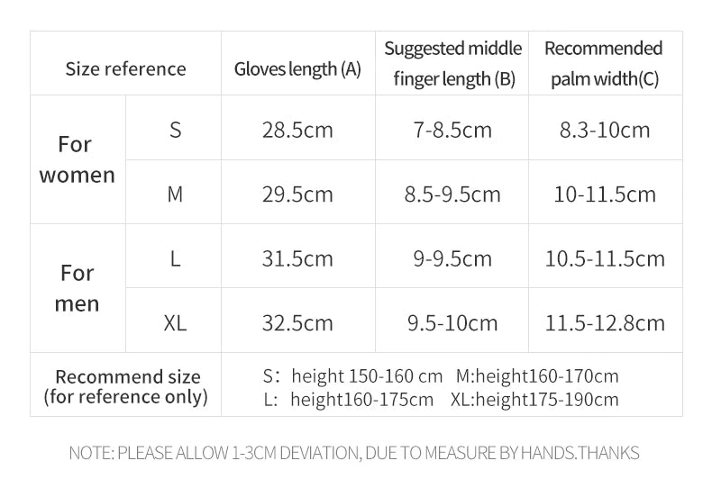 chart - dimension pour mesure de la main pour gant de ski