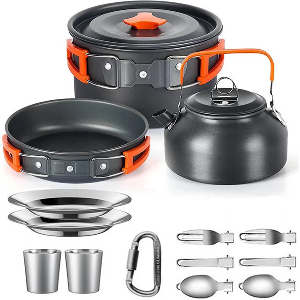 Ensemble de Cuisine de Camping - kit orange et noir, avec verre stainless
