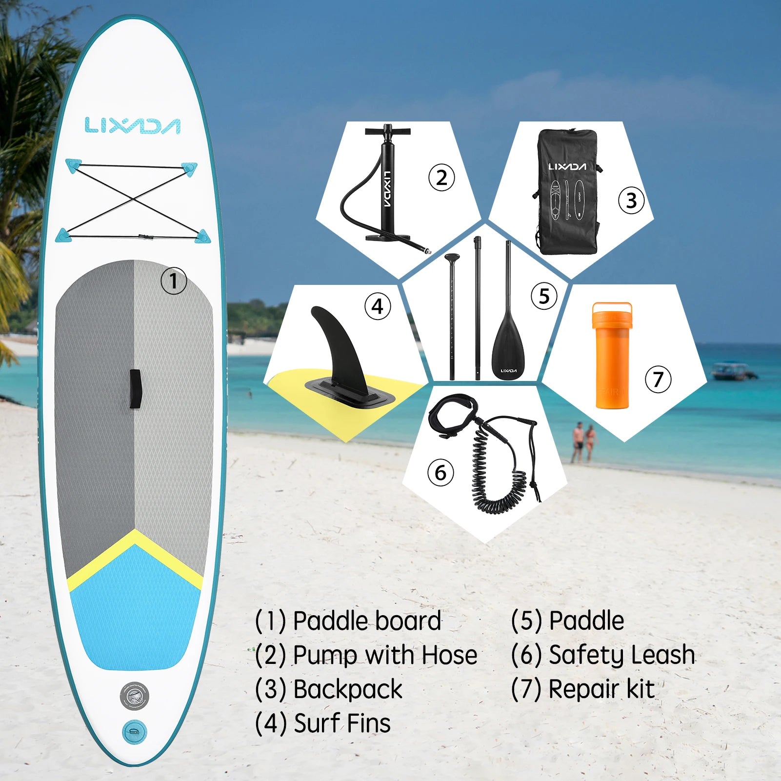 Paddle board gonflable bleu et blanc, accessoires