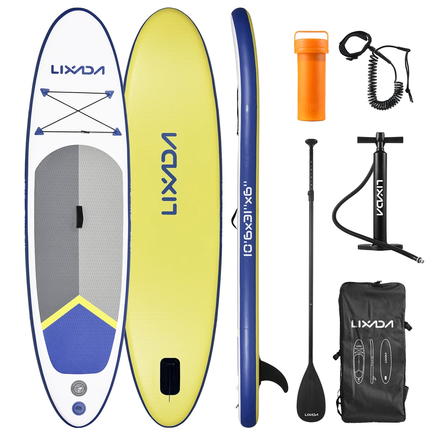 Paddle board gonflable bleu et jaune  accessoires - rame, pagaie, pompe, sac de rangement, cordon