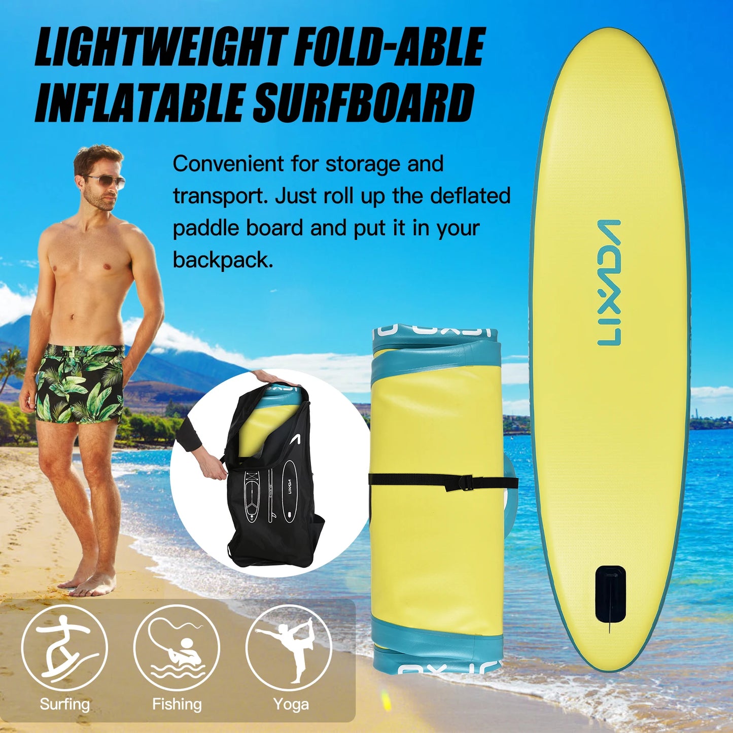 Paddle board gonflable jaune avec sac