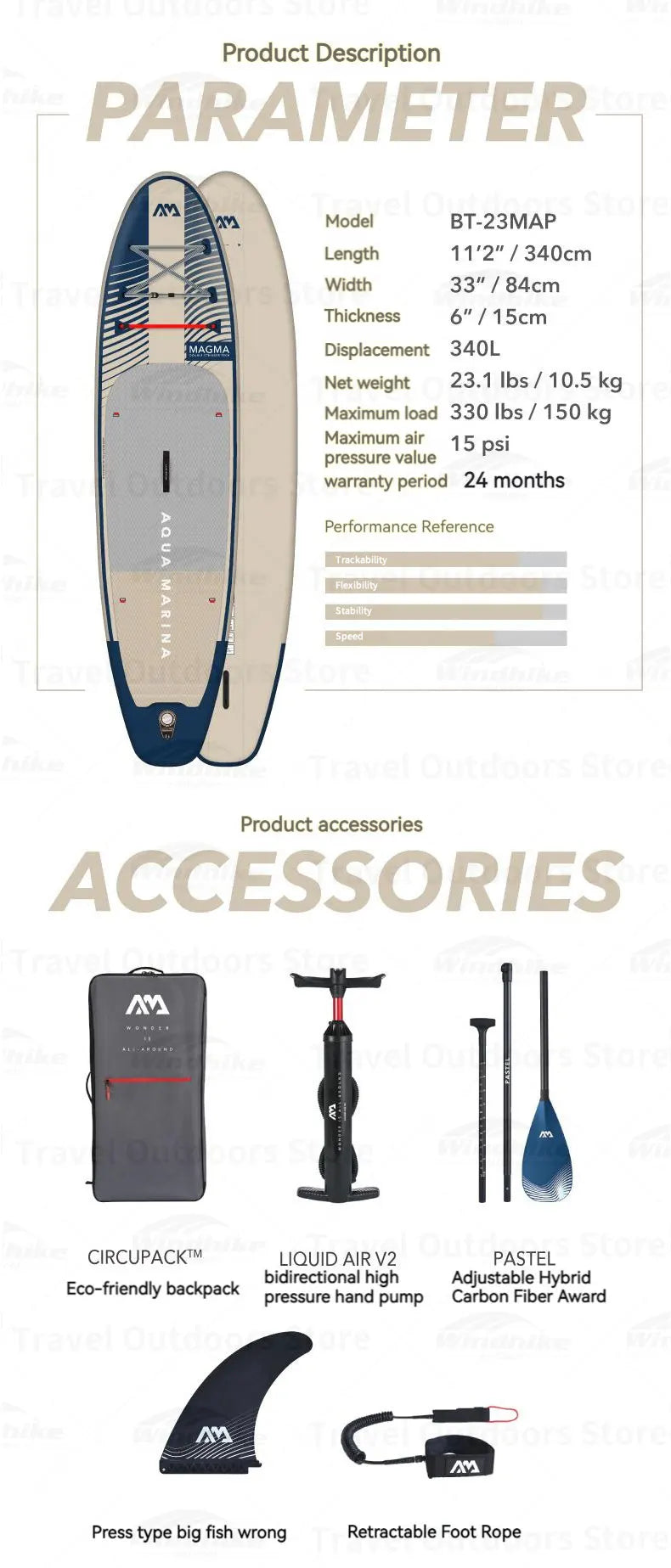 Paddle board gonflable  khaki bleu.. accessoires  - sport vitals