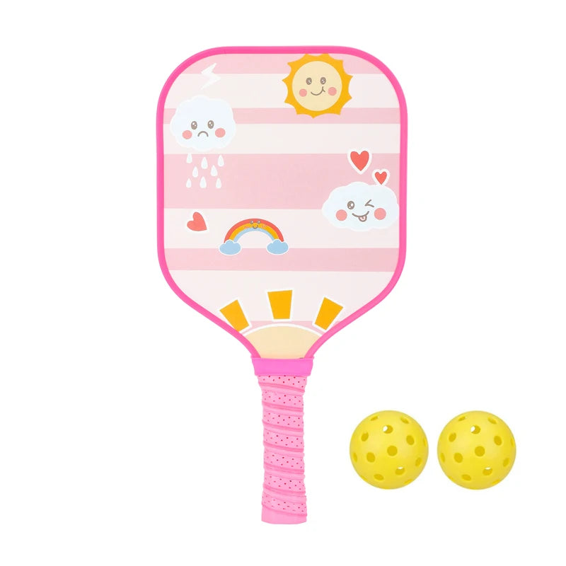 Raquette Pickleball Enfant -image météo - arc en ciel, pluie, nuage, soleil - raquette rose et deux balles jaunes - sport vitals