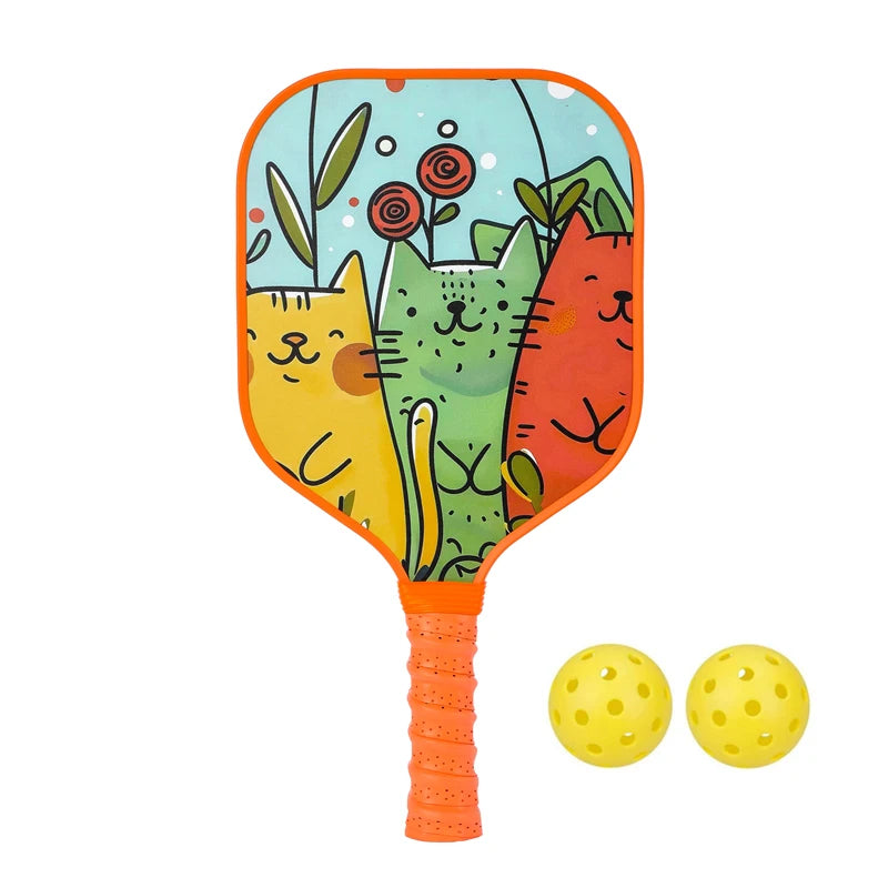 Raquette Pickleball Enfant -image trois chats - raquette orange et deux balles jaunes