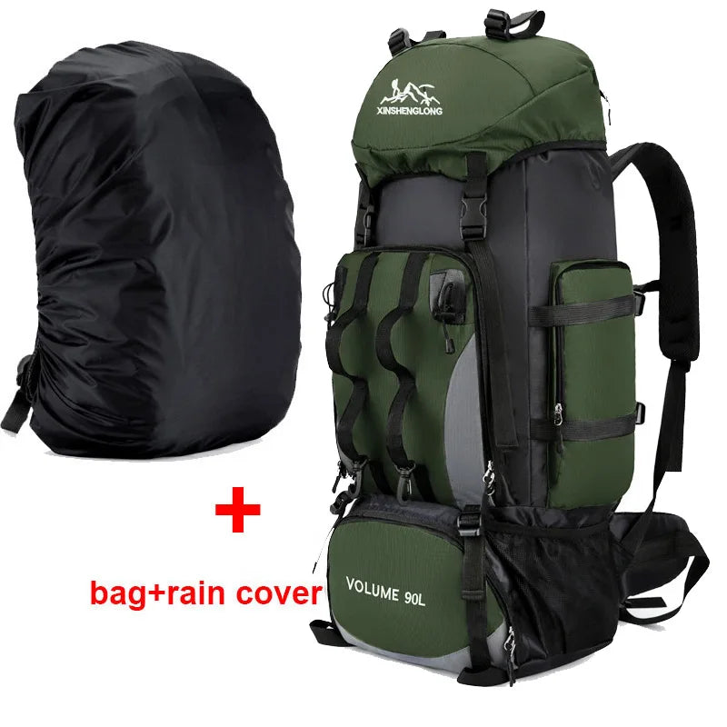 Sac à Dos de Randonnée - vert foncé avec sac de protection contre la pluie- 90L